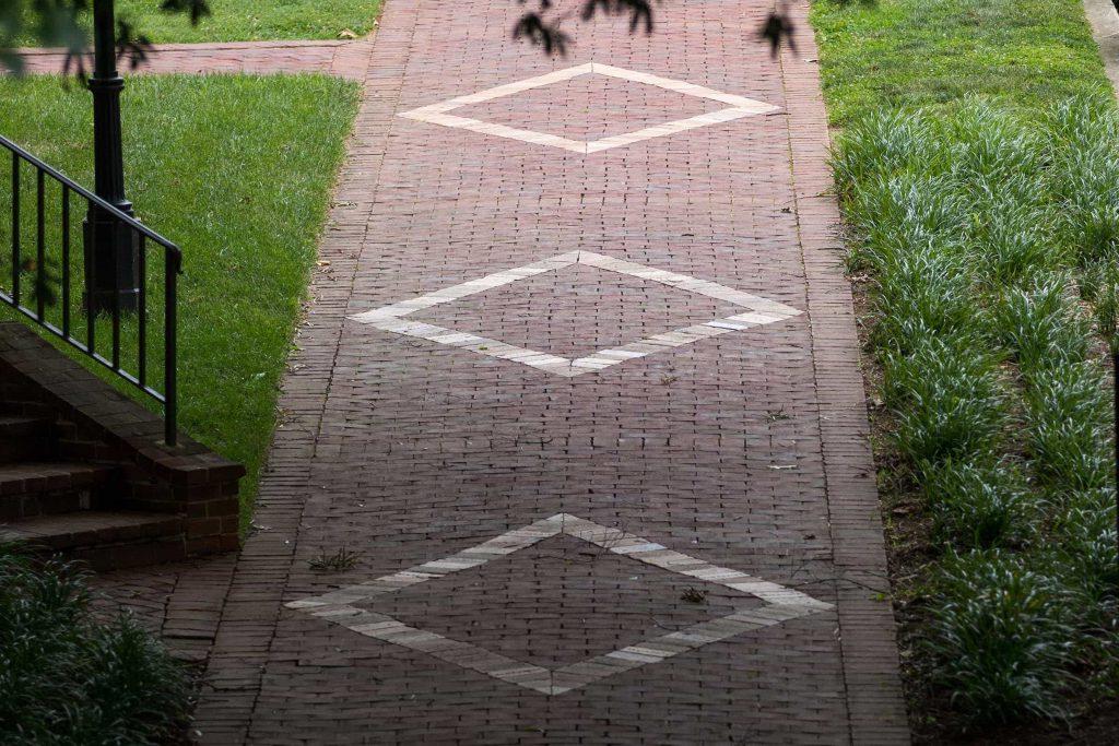 Diamonds in the red brick pathways at Randolph College